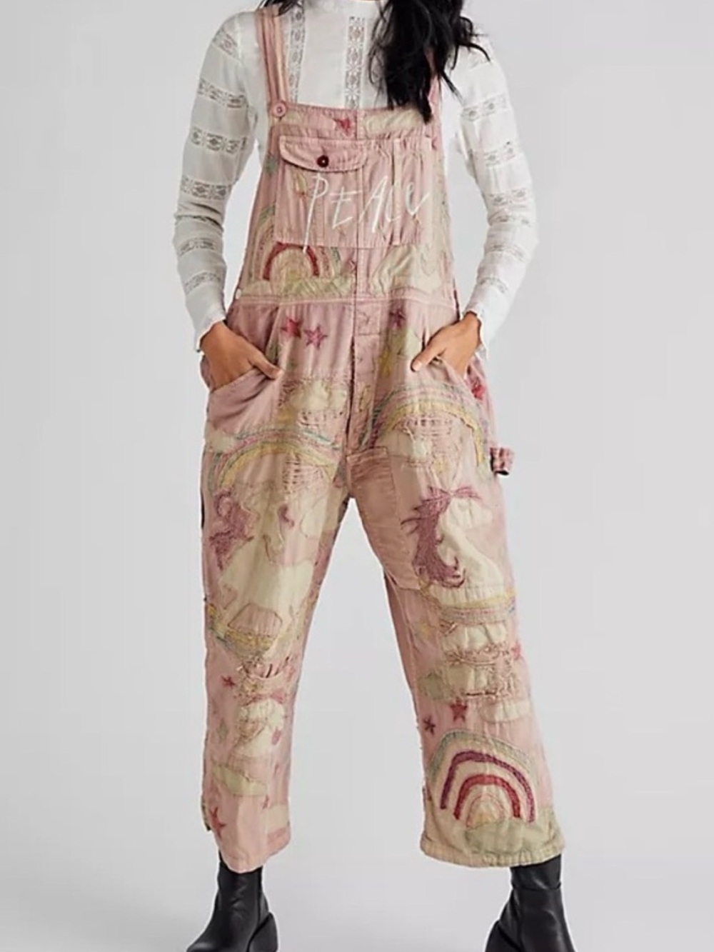 Magnolia Pearl Dusty Fairy Pink Embroidered Unicorn Rainbow Peace Overalls rare